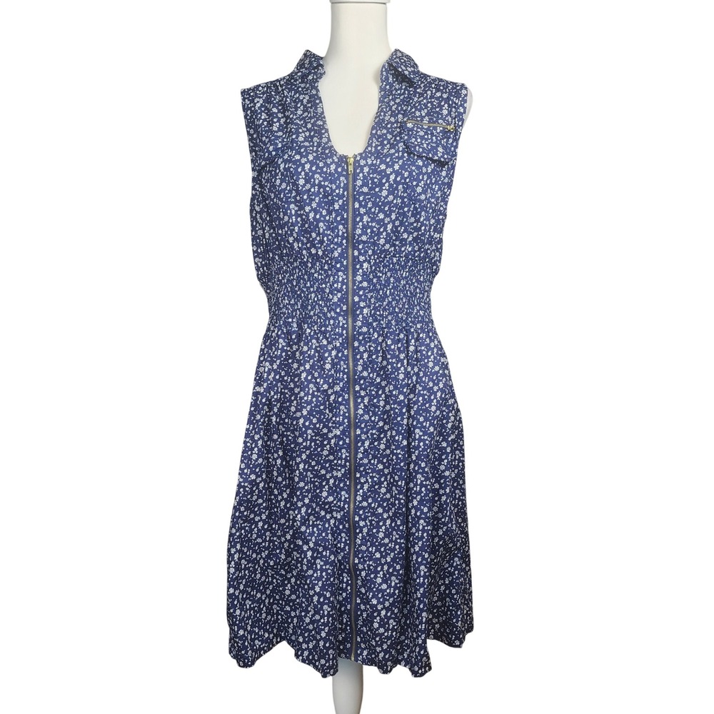 J Gee Zip Front Dress Womens 1X Navy White Dainty Floral Cotton Casual Twee Work